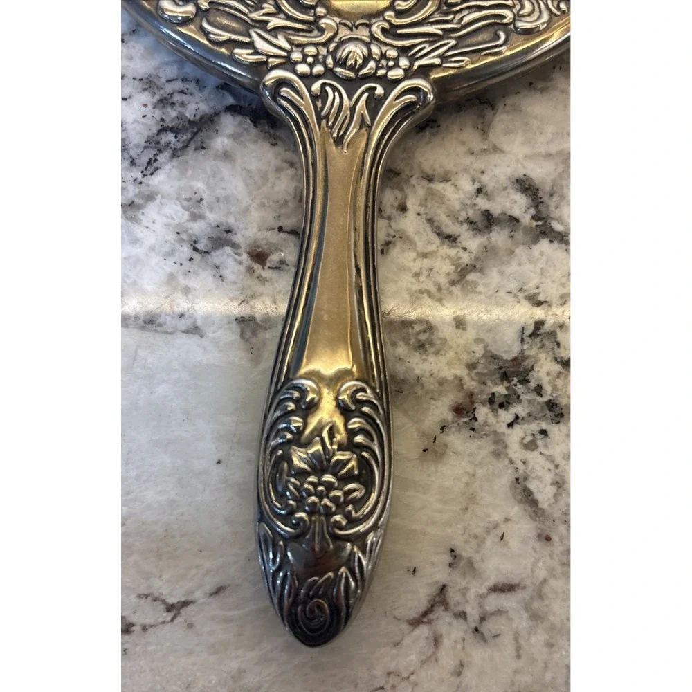 VTG Silver‎ Plate Vanity Mirror Set Hand Mirror Round Mirror Comb Ornate Floral